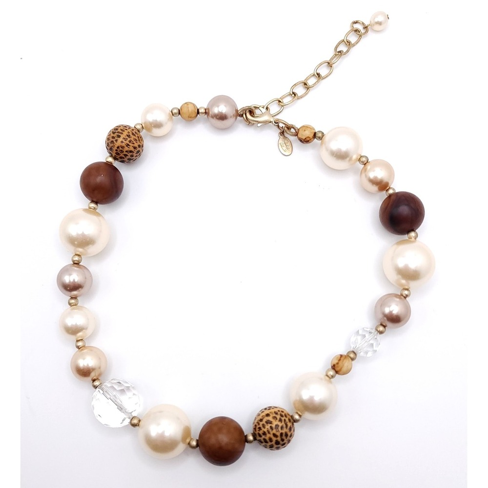 Cookie Lee Beaded Necklace Pearl Wood Acrylic Boho 16in